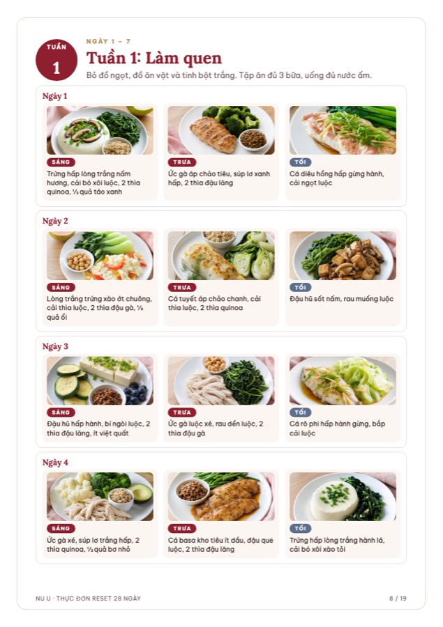 Trang thực đơn có ảnh món ăn từng bữa