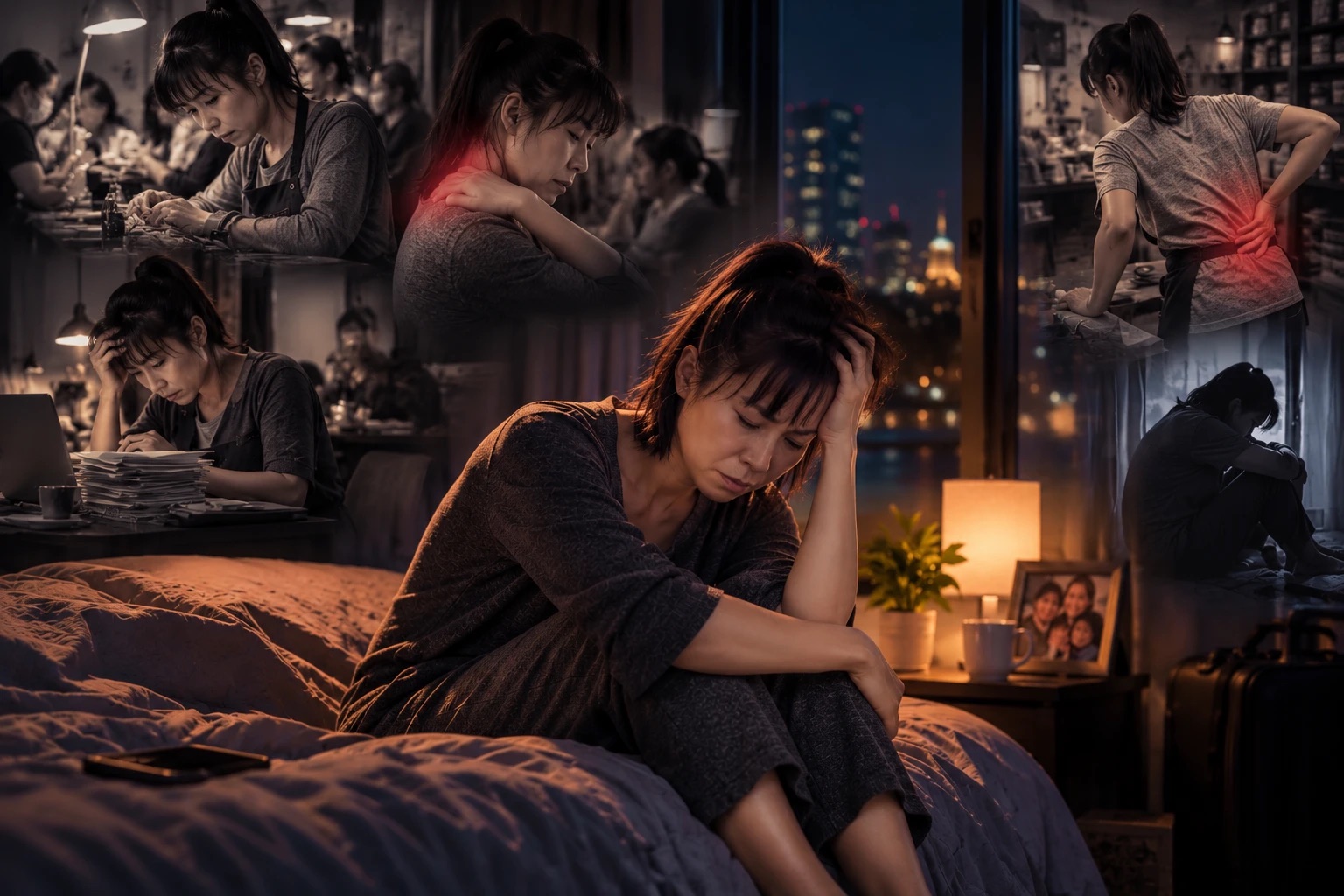 Người phụ nữ xa quê mệt mỏi, đau lưng, mỏi vai gáy sau những ngày làm việc dài